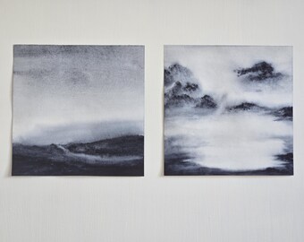 Set van 2 vierkante indigoblauwe originele aquarel landschapsschilderijen - Not Prints