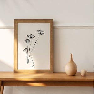 FLOWER LINE ART, Black and White Minimalist print of handmade original painting by Karam, Minimalist paintings for Home and Office Space