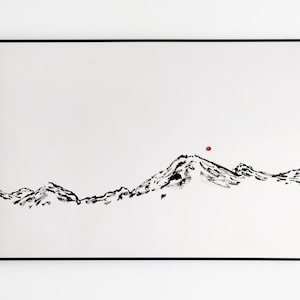 Extra grote aquarel landschapsprint, Sumi-e-inkt Japanse landschapsprint, zwart-wit minimalistisch Aziatisch muurdecor, giclee-muurkunst