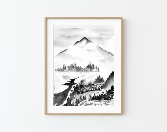 Village by Fuji - Giclee Watercolor Print, Original Watercolor Art Print, Black and White Landscape Wall Art, Japanese Landscape Painting