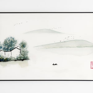12x9 inch Original Watercolor PaintingNOT a Print, Minimalist Asian Landscape Wall Art, Sumi landscape painting, Handmade Asian Fine Art image 3