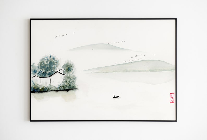 12x9 inch Original Watercolor PaintingNOT a Print, Minimalist Asian Landscape Wall Art, Sumi landscape painting, Handmade Asian Fine Art image 3