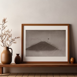 Handmade Large Original Mount Fuji Painting on Raw canvas with Watercolors and Acrylic, Monochrome Brown Minimalist Original Art by Karam