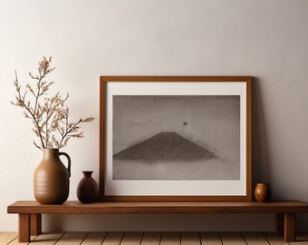 Großes original Berg Fuji Gemälde auf Leinwand mit Aquarell und Acryl, Braunes minimalistisches Original Gemälde von Karam