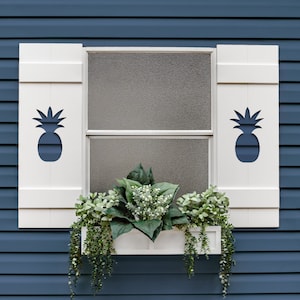 May include: White window shutters with pineapple cutouts, a window box planter with green plants, and a blue siding background.