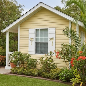 May include: A small, yellow house with white trim and a white porch. The window has white shutters with palm tree cutouts. Lush green plants and red flowers surround the house, with a green lawn in the foreground.