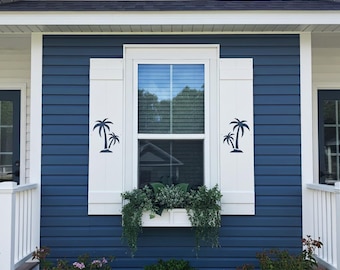 Double Palm Tree PVC Shutter: White Board & Batten Coastal Exterior Decor (Sold Individually)