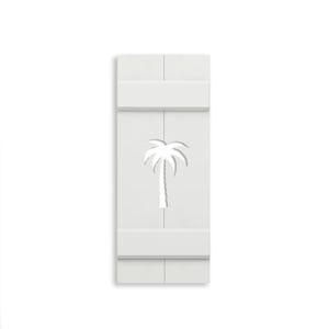 May include: A white wooden shutter with a cut-out palm tree design. The shutter is rectangular with horizontal and vertical lines, and the palm tree is centered. The design is simple and modern.