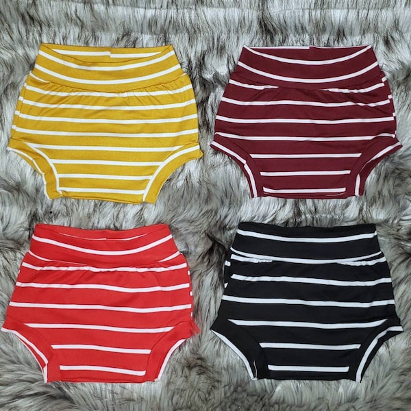 Bummies, Striped Bummies, neutral bummies, varsity, retro, black bummies, mustard, red, stripes, baby shower gift, diaper cover, bloomers