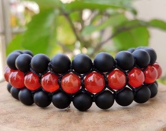 Adjustable Macrame Bracelet Matte Black Onyx Red Onyx Bracelet Triple Layer Bracelet Onyx Bracelet Christams Gift for Men Women Bracelet