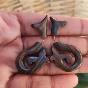WOOD EARRINGS Faux Gauge Organic Men Women // Natural Brown Wooden Earring Fish Hook Eco Vegan HANDMADE Jewelry image 1