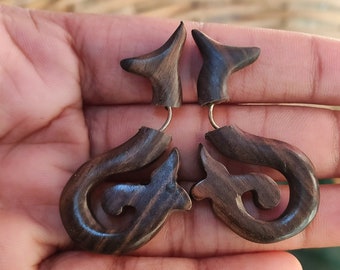 WOOD EARRINGS | Faux Gauge Organic Men Women // Natural Brown Wooden Earring Fish Hook Eco Vegan HANDMADE Jewelry