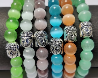 Buddha Cats Eye Bracelet, Buddhist Prayer Beads Bracelet, Prayer Bracelet for Women, Mens Beaded Bracelet, Mala Bracelet for Her