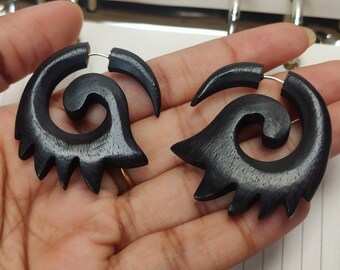 ORGANIC BLACK WOOD Earring Spiral Men Women Faux Gauge Plug // Fake Expander Stretcher Tribal Wooden Hoop Earrings Sustainable Vegan Jewelry