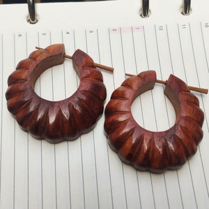 Wooden Hoop Earrings - Natural Rose Wood Hand Carved Hoops Wooden Earrings, bohemian earrings for women organic Jewelry, Statement Earrings