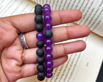 Black Purple Pair Macrame ADJUSTABLE Matching Bracelets Set - - Long Distance - For Friendships/relationships/couples - Gemstone Bracelet