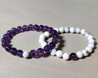 Amethyst & Howlite Distance Bracelets: Matching Bead Pair Set