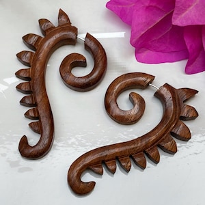 Dragon Wings Brown Wood - Fake Gauges, Hand Carved Wooden Spiral Earrings, Fake gauge earrings, bohemian earrings for women organic Jewelry