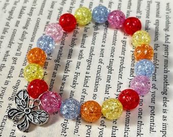 Silver Butterfly Charm with Multi-colour Cracked Beads Bracelet | 10mm Glass Stacking Bracelet | Butterfly Charm Colorful Bead Bracelet