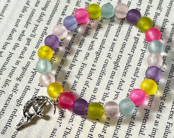 Fairy Charm with Multi-colour Frosted Beads Bracelet | 8mm Glass Stacking Bracelet | Silver Brass Fairy Charm Colorful Bead Bracelet