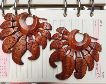 Big ORGANIC WOODEN EARRINGS Hoops // Tribal Handmade Carved Wood Earring Womens Large Dangle Drop Brown // Boho Festival Vegan Eco Jewelry