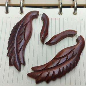 Swan Wings WOOD Earring HANDMADE  Carved Heart Men Women Earrings Fake Faux Gauge Stretcher // Large Tribal Wooden Hoop // Vegan Sustainable