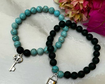 Distance Bracelets Set - Matte Black Onyx & Turquoise Matching Pair - Lock And Key Charm Bracelets - For Friendships /relationships /couples