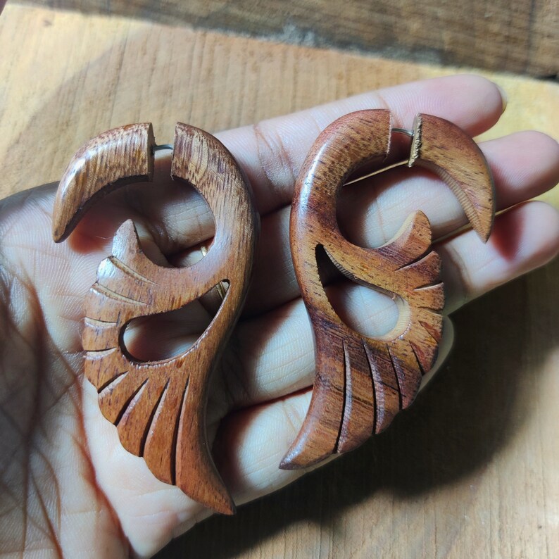 Fake Gauges Earrings Natural Rose Wood Hand Carved Wooden Etsy