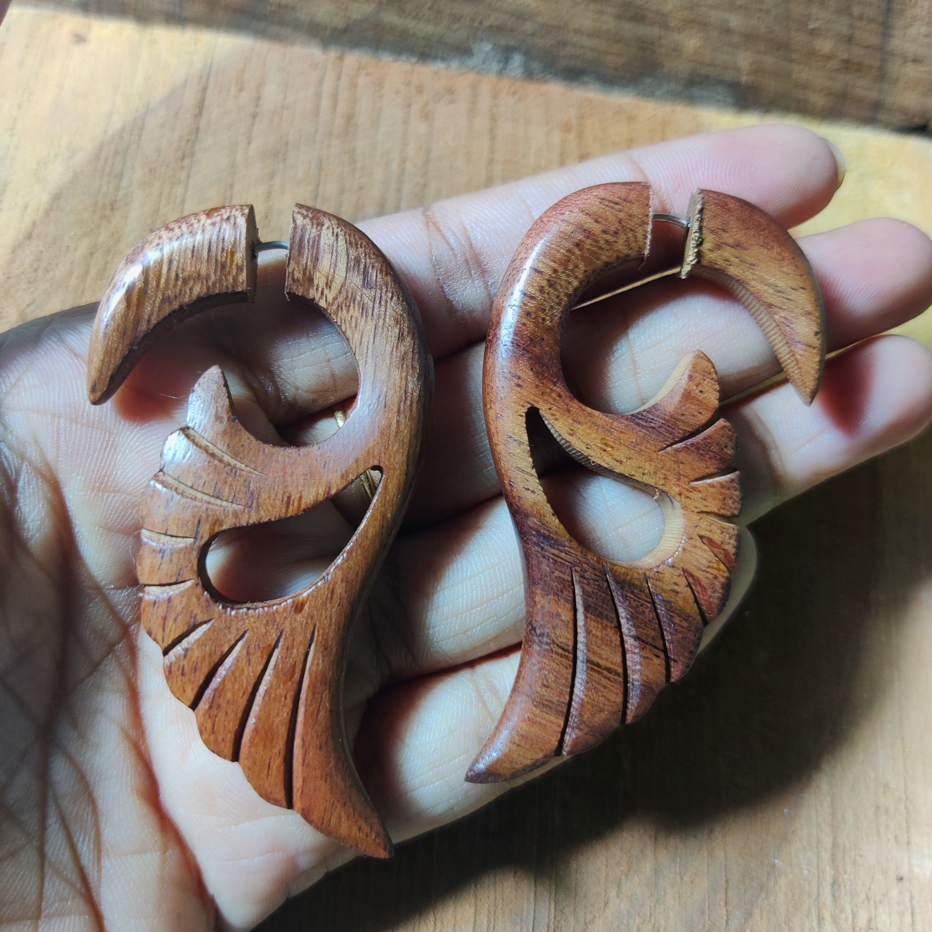 Fake Gauges Earrings Natural Rose Wood Hand Carved Wooden Etsy UK