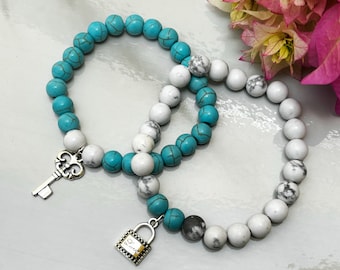 Distance Bracelets Set - White Howlite & Turquoise Matching Pair - Lock And Key Charm Bracelets - For Friendships /relationships /couples