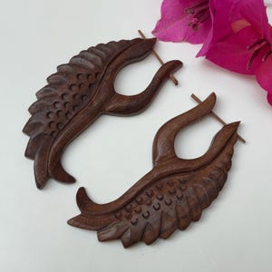 Carved Wood Earrings WEARABLE ART Angel Wings // HANDMADE Womens Organic Wood Earrings Hoops Tribal Wooden Earrings Large Earrings
