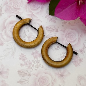 Hand Carved Wooden Hoop Earrings: Boho Stirrup Post Earrings Jewelry