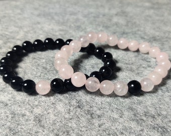 Couples Beaded Bracelet Set, Black Onyx & Rose Quartz