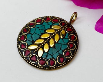Colgante de mosaico turquesa: dije de latón para hacer collares