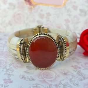 Handcrafted Orange Botswana Agate Cuff Bracelet: Ethically Sourced Bone Jewelry