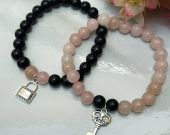 Distance Bracelets Set - Black Onyx & Rose Quartz Matching Pair - Lock And Key Charm Bracelets - For Friendships /relationships /couples