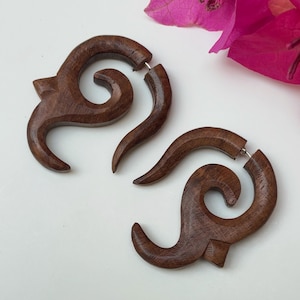 Carved NaturalBrown Wooden Spirals - Fake Gauges, Hand Carved Wooden Earrings, Fake gauge earrings, wooden stud tribal earrings for women