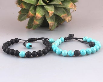 Couples Beaded Bracelet Set: Black Onyx & Turquoise Adjustable Jewelry