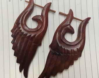 Wood Earrings HANDMADE WEARABLE ART Angel Wings // Vegan Mens Womens Organic Wood Earrings Hoops Tribal Wooden Earrings Large Earrings