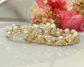 Intricate Woven White Faux Pearl Wedding Bracelet | Golden Silver Beads With Pearl Bracelet |Gift for Mother | Gift For Her | Women Bracelet