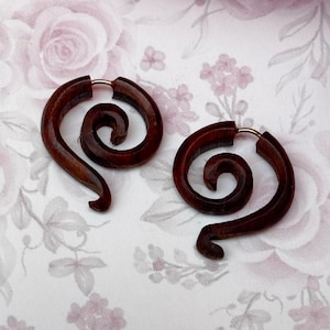 Tiny Spirals Natural Brown Wooden - Fake Gauges, Hand Carved Wooden Earrings, Fake gauge earrings, wooden stud tribal earrings for women