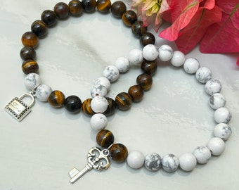 Distance Bracelets Set - White Howlite & Tiger's Eye Matching Pair - Lock And Key Charm Bracelets - For Friendships /relationships /couples