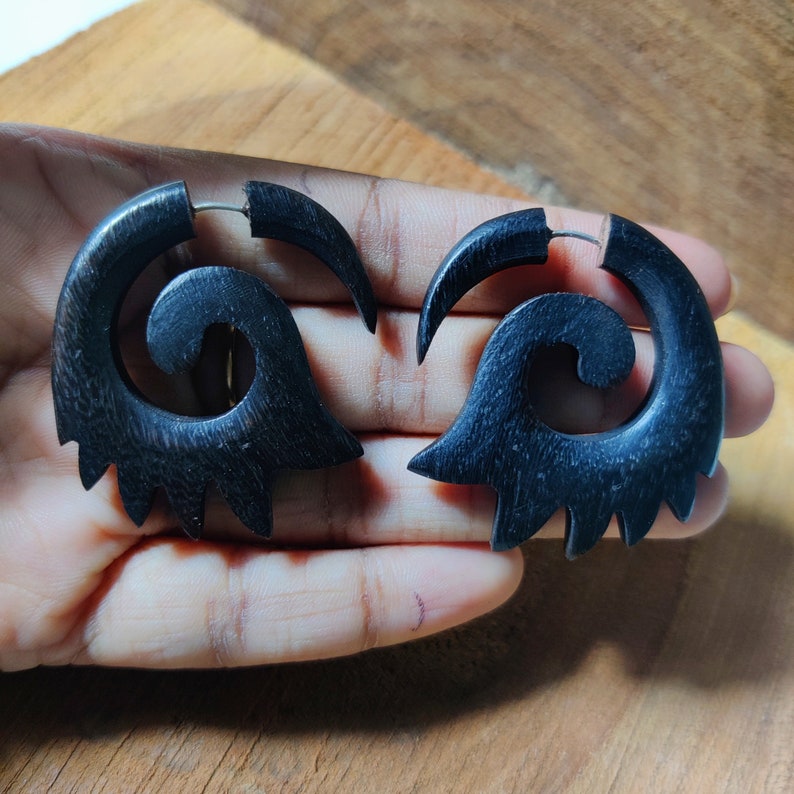 Wooden Fake Gauges Black Rose WOOD Hoop Earrings Wooden Etsy