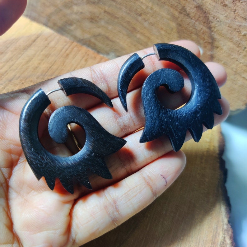 Wooden Fake Gauges Black Rose WOOD Hoop Earrings Wooden Etsy
