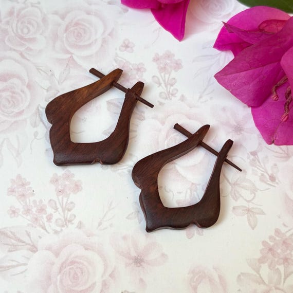 Hand Carved Rose Wood Hoop Earrings: Bohemian Tribal Jewelry