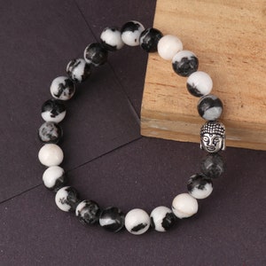 Buddha Bracelet, Gemstone Bracelet, Buddhist Prayer Beads Bracelet, Prayer Bracelet for Women, Mens Beaded Bracelet, Mala Bracelet for Her Zebra Jasper