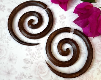 Hand Carved Wood Spiral Earrings: Brown Fake Gauge Tribal Hoops