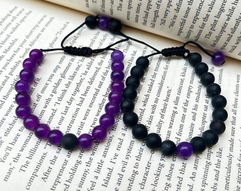 Black Onyx & Amethyst Macrame Adjustable Bracelet Set