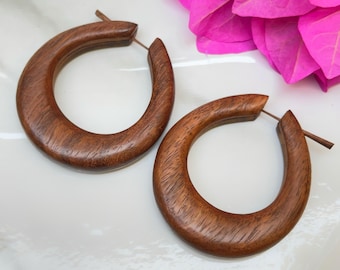 Hand Carved Rose Wood Hoop Earrings – Large Boho Jewelry