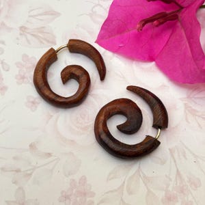 Small Natural Brown Wooden Spirals - Fake Gauges, Hand Carved Wooden Earrings, Fake gauge earrings, wooden stud tribal earrings for women